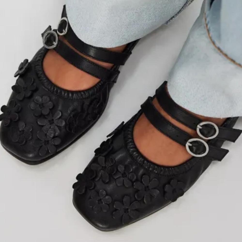 🥰NIB!! 😘 FREE PEOPLE MIMOSA MARY JANE BALLET FLATS BLACK Size US 6.5